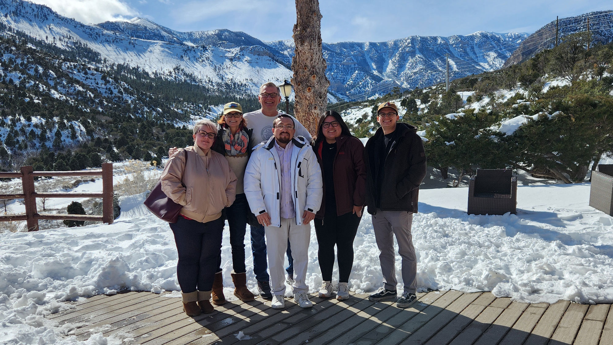 From our '26 Winter Retreat at Mount Charleston, NV (L-R) Kristina White (BD Director), Kat Van Diepen (Office Manager), Rick Van Diepen (Principal), Ruddy Rodriguez (Sustainable Design Director), Michelle Tapia (Sr. Associate/ PM), Devan Rendon (Associate/ PM)